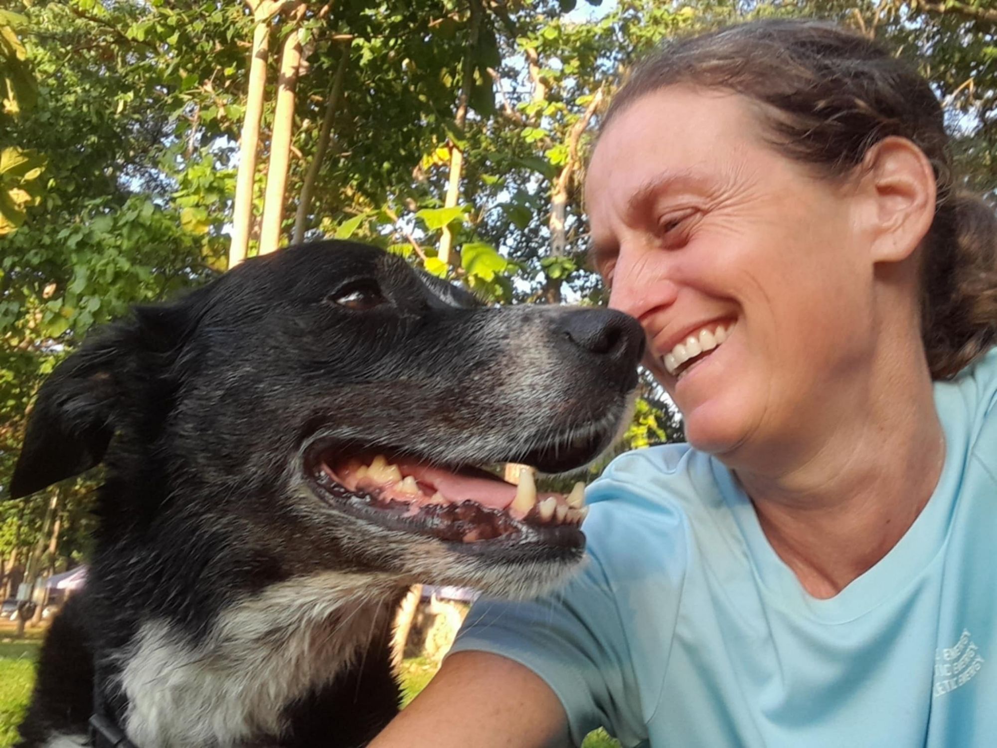 A woman smiling closely at a happy black dog with white markings outdoors with trees in the background