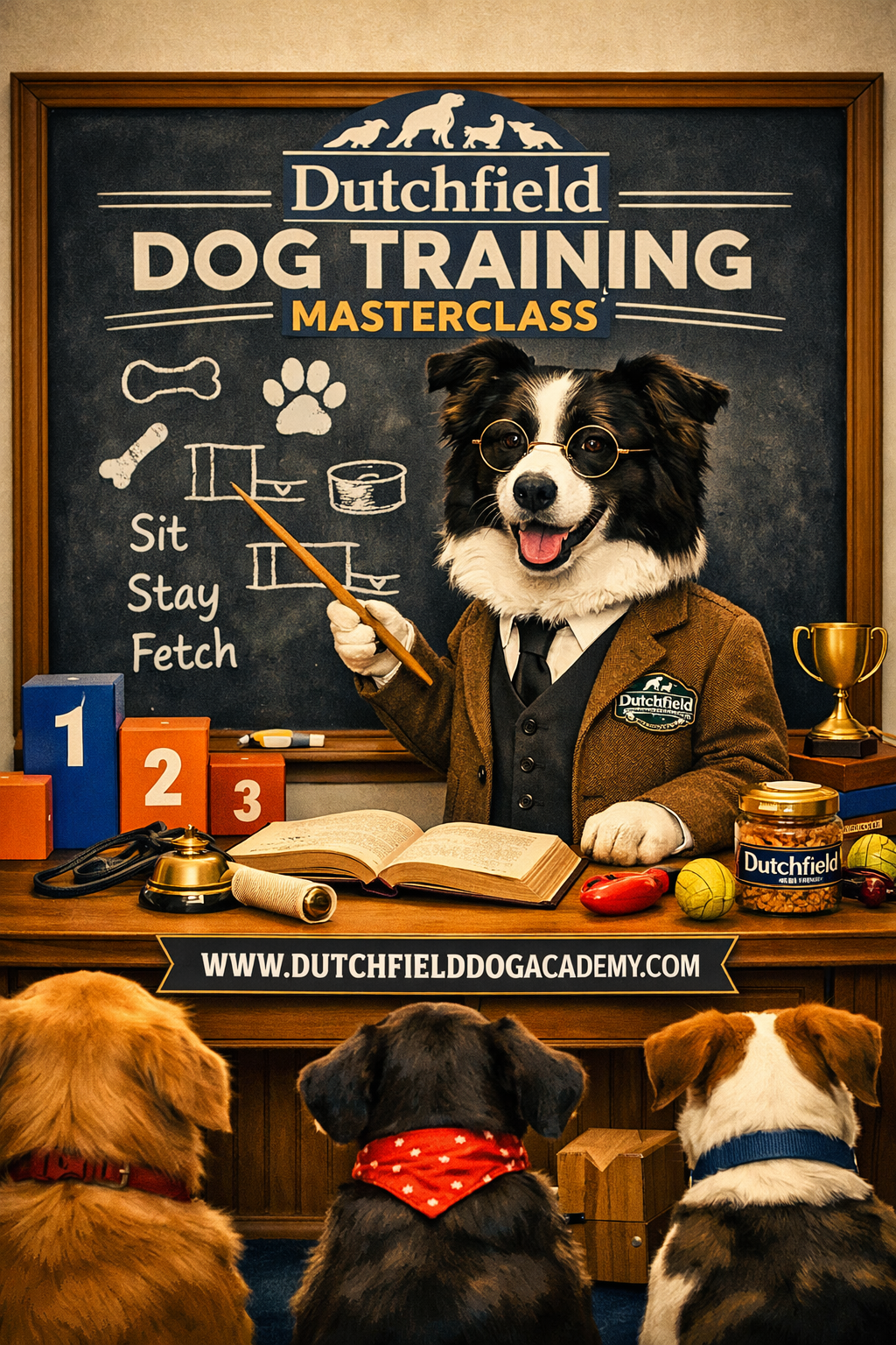 Copilot_20260520_142610 Dog dressed as teacher pointing to chalkboard with dog training commands sit stay fetch while three dogs attentively listen