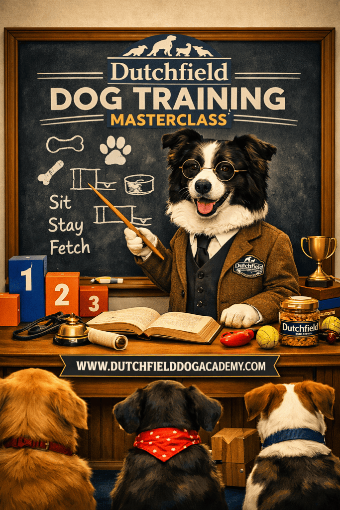 Dog dressed as teacher pointing to chalkboard with dog training commands sit stay fetch while three dogs attentively listen