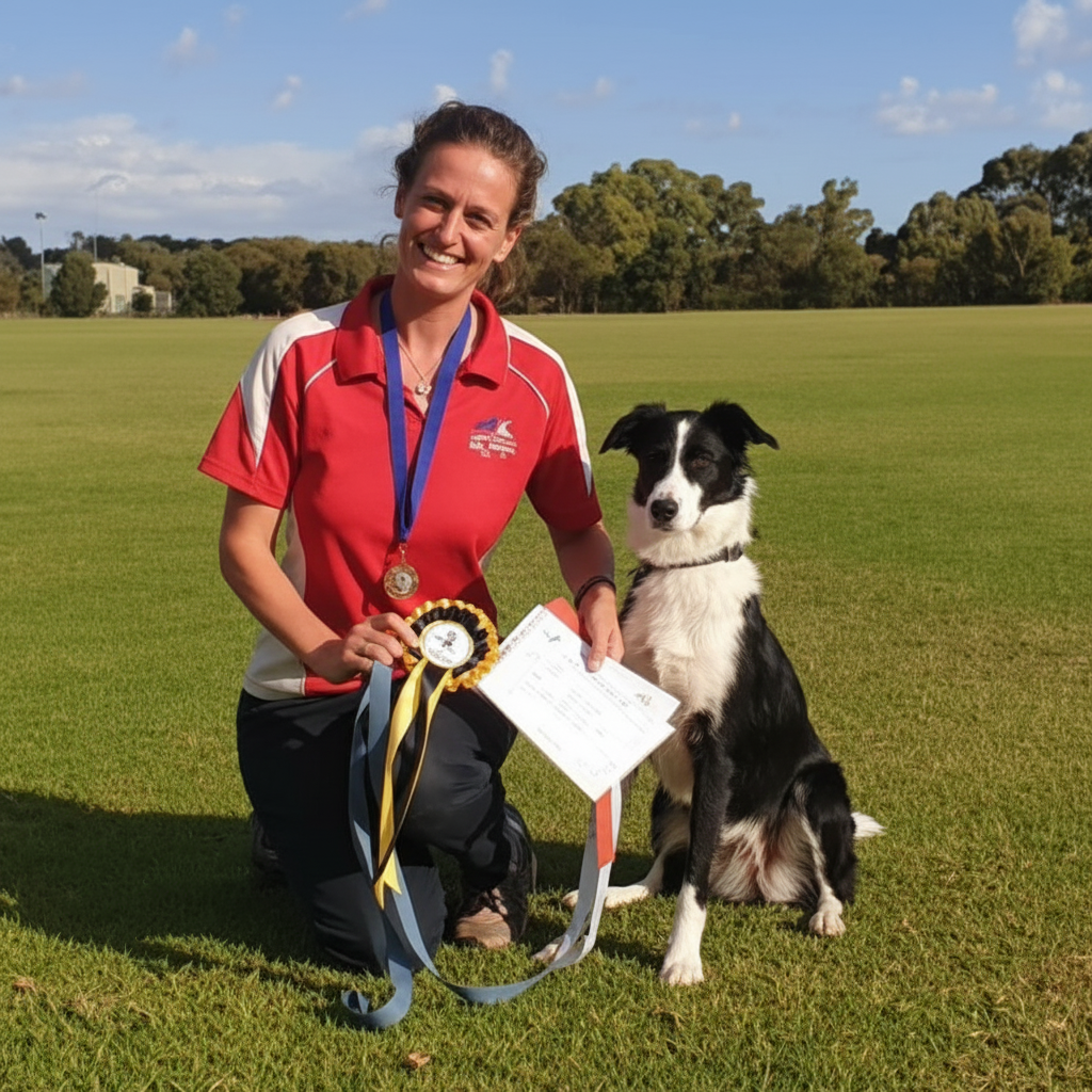 photo of a woman in a red and white sports shirt kneeling on grass with a black and white border collie, keeping the same composition and natural look but making it clearer and more in focus.